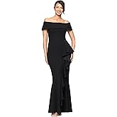 Betsy & Adam Women's Long Off Shoulder Cascade Ruffle Stetch Scuba Crepe Gown