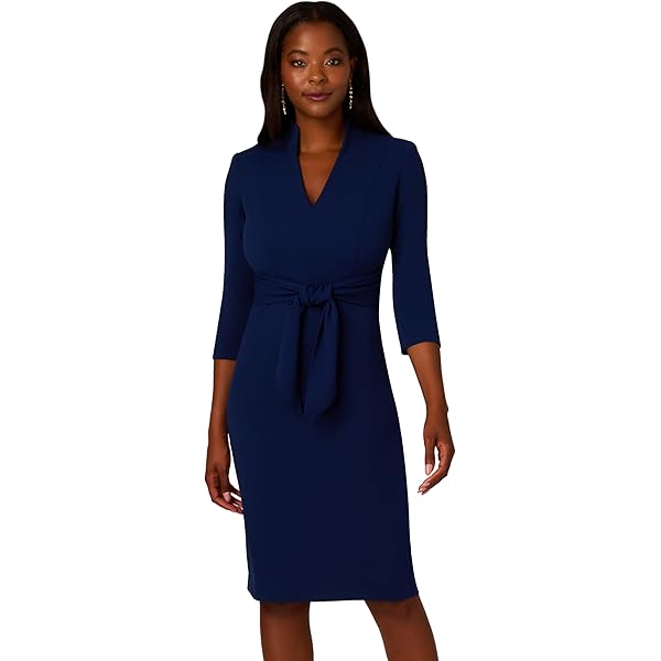 Adrianna Papell Women's Knit Crepe Tie Waist Sheath, Navy Sateen, 16 at  Amazon Women's Clothing store