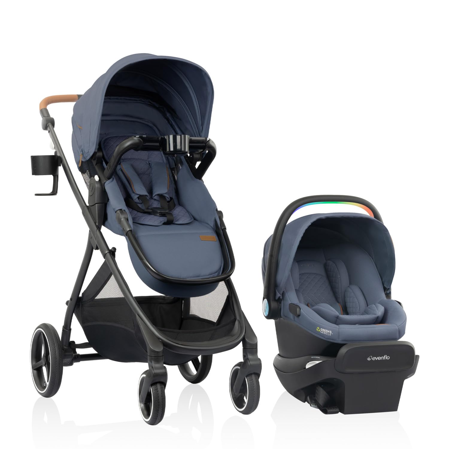 Photo 1 of Evenflo Shyft Intuiti+ Travel System Featuring Revolve180 LiteMax NXT Preemie and Infant Car Seat with SensorySoothe and Green & Gentle (Flint)