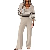 ETCYY NEW Womens 2 Piece Outfits Sweater Lounge Set Casual V Neck Knit Pajama Set Long Sleeve Top Wide Leg Pants Loungewear