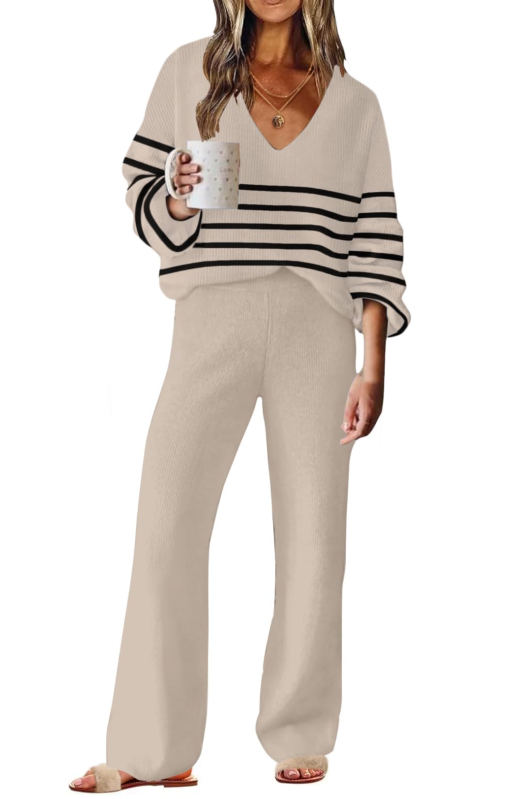 View 1 of ***TOP ONLY***ETCYY NEW WomensOutfits Sweater Lounge Set Casual V Neck Knit Pajama Set Long Sleeve Top