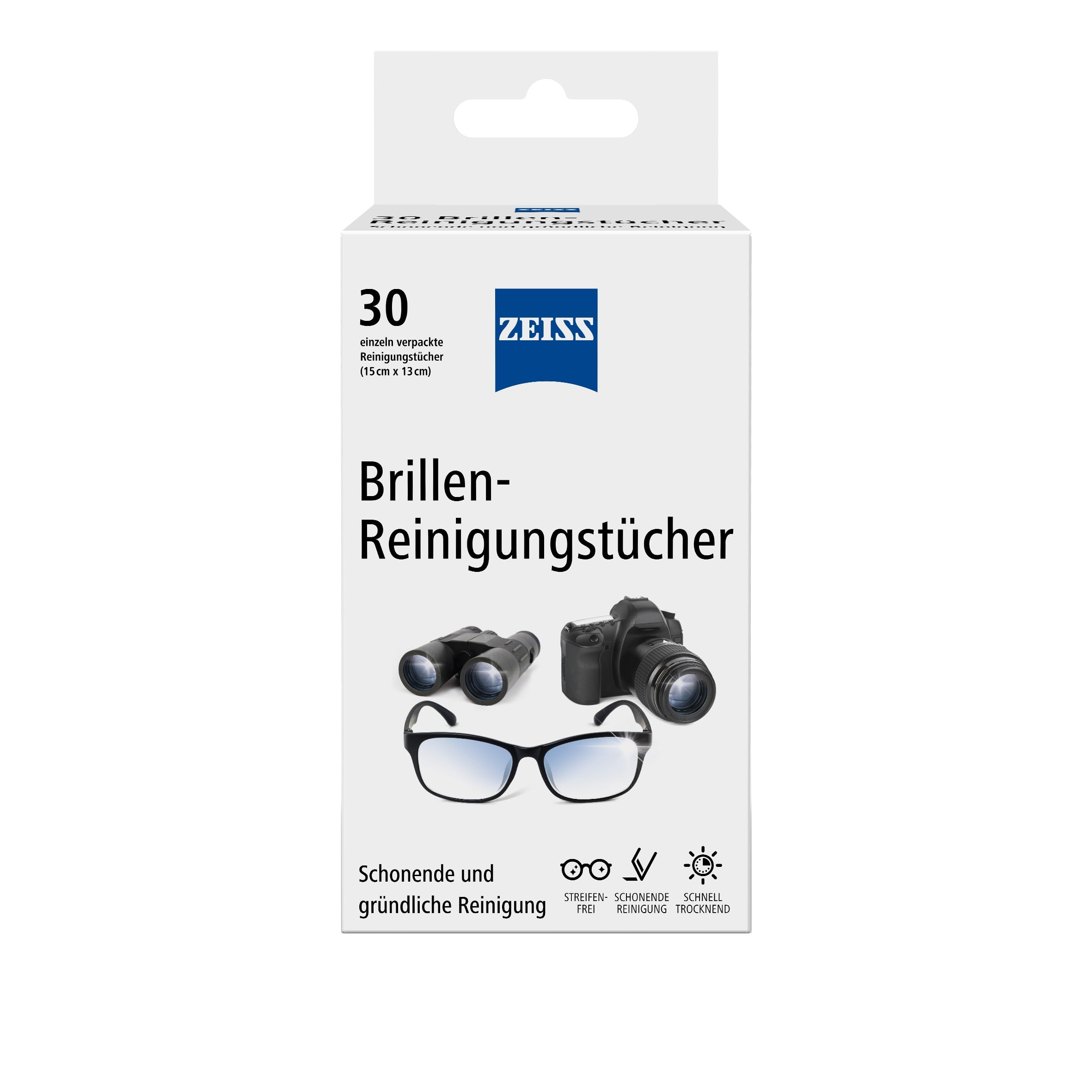 ZEISS Brillen-Reinigungstücher mit Alkohol 30 Stück zur schonenden & gründlichen Reinigung Ihrer Brillengläser - jedes Tuch einzeln verpackt - ideal für unterwegs oder auf Reisen