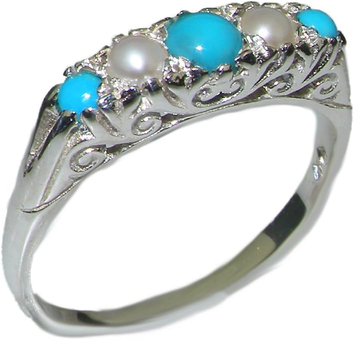 925 Sterling Silver Real Genuine Turquoise and Cultured Pearl Womens Band Ring