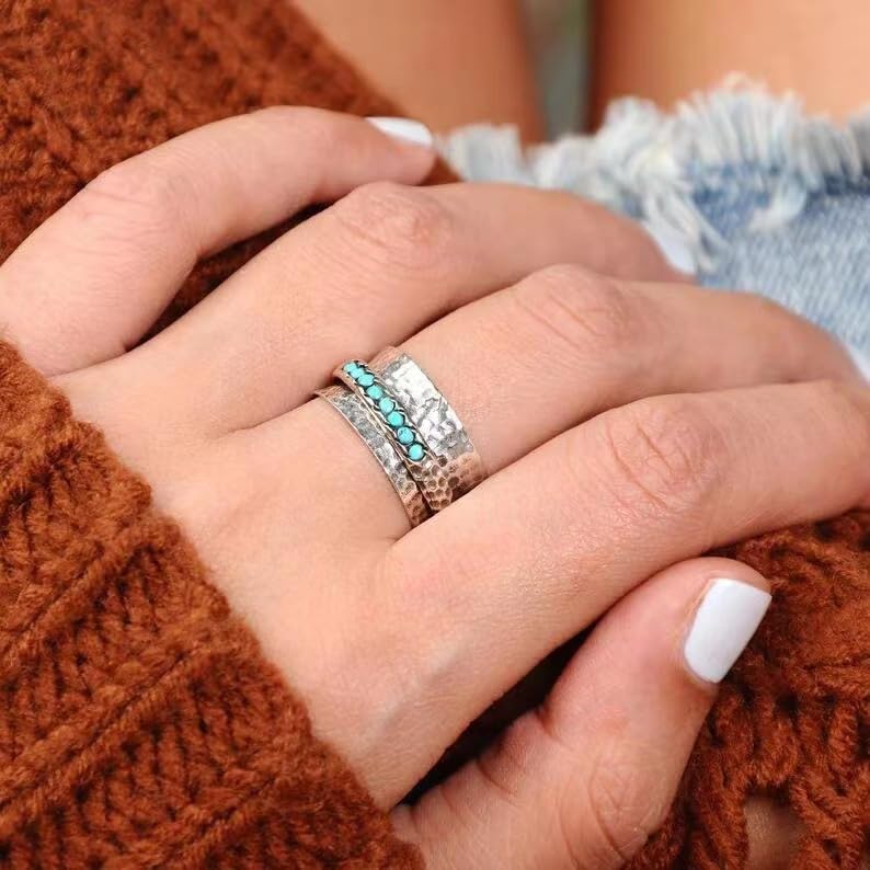 925 Sterling Silver Rotatable Turquoise Ring for Women - Handmade Victorian Statement Jewelry, Natural Stone Cocktail Ring