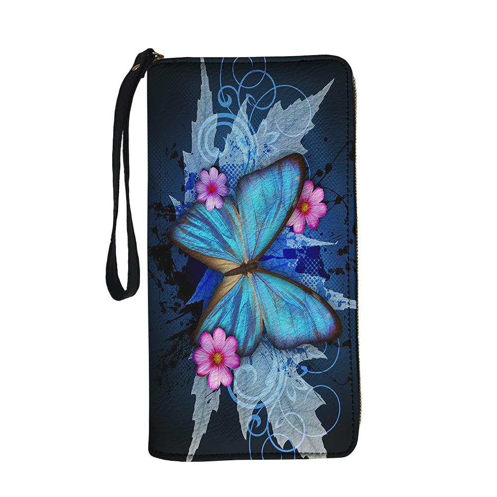 Jeiento Women Wallets Blue Butterfly Print Ladies Cluth Wristlet Wrist Strap Long Purse for Teen Girl Large Capacity