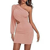 LYANER Women's One Shoulder Long Sleeve Cutout Bodycon Club Cocktail Mini Dress