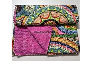 Sambhav Quilt Hub Multi Color Indian Cotton Handmade Quilted Blanket Indian Cotton Floral Print Bedspread Kantha Work Bohemian Bed Decor Throw Blanket Twin/King/Queen (108X108 inches)