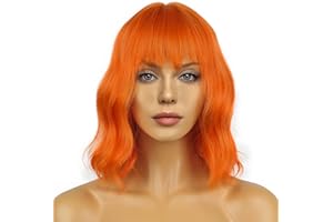 LANCAINI Wavy Wig With Bangs Women's Short Orange Wigs Curly Wavy Bob Synthetic Cosplay Wig for Girls Daily Use Halloween Wigs(12" Orange)