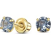 Solid 14K Gold Round Solitaire Simulated-Birthstone Minimalist Stud Earring with Comfort Screw Backing