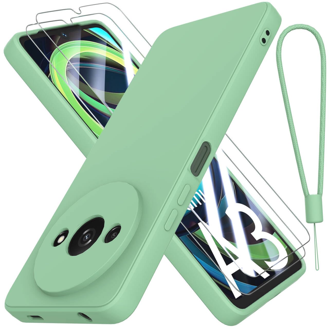 THIYUFUNS Case for Xiaomi Redmi A3 4G with 2 Tempered Glass Screen Protector, Silicone Slim Fit Shockproof Anti-Scratch Compatible with Xiaomi Redmi A3 4G - Green — image 1