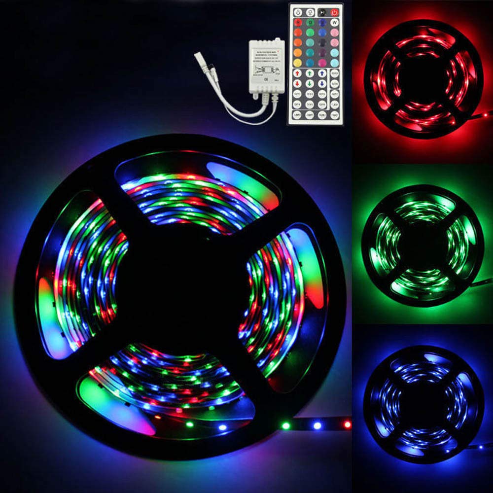 ABCOnline LED Strip Lights, 5M RGB 3528 Color Changing Rope Lights Non Waterproof LED SMD Strip Light Kit+44 Key IR Remote Controller (5M, Colorful)