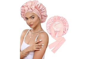 CHUNG Women Hair Bonnets Double Layer Satin Silk Bonnet Hat for Sleeping With Tie Band Wig Curly Double Layer