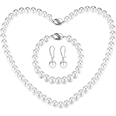Pearl Jewelry Set for Women: 8mm Round White Shell Pearl Necklace Bracelet and Earring Set for Wedding Birthday Gift