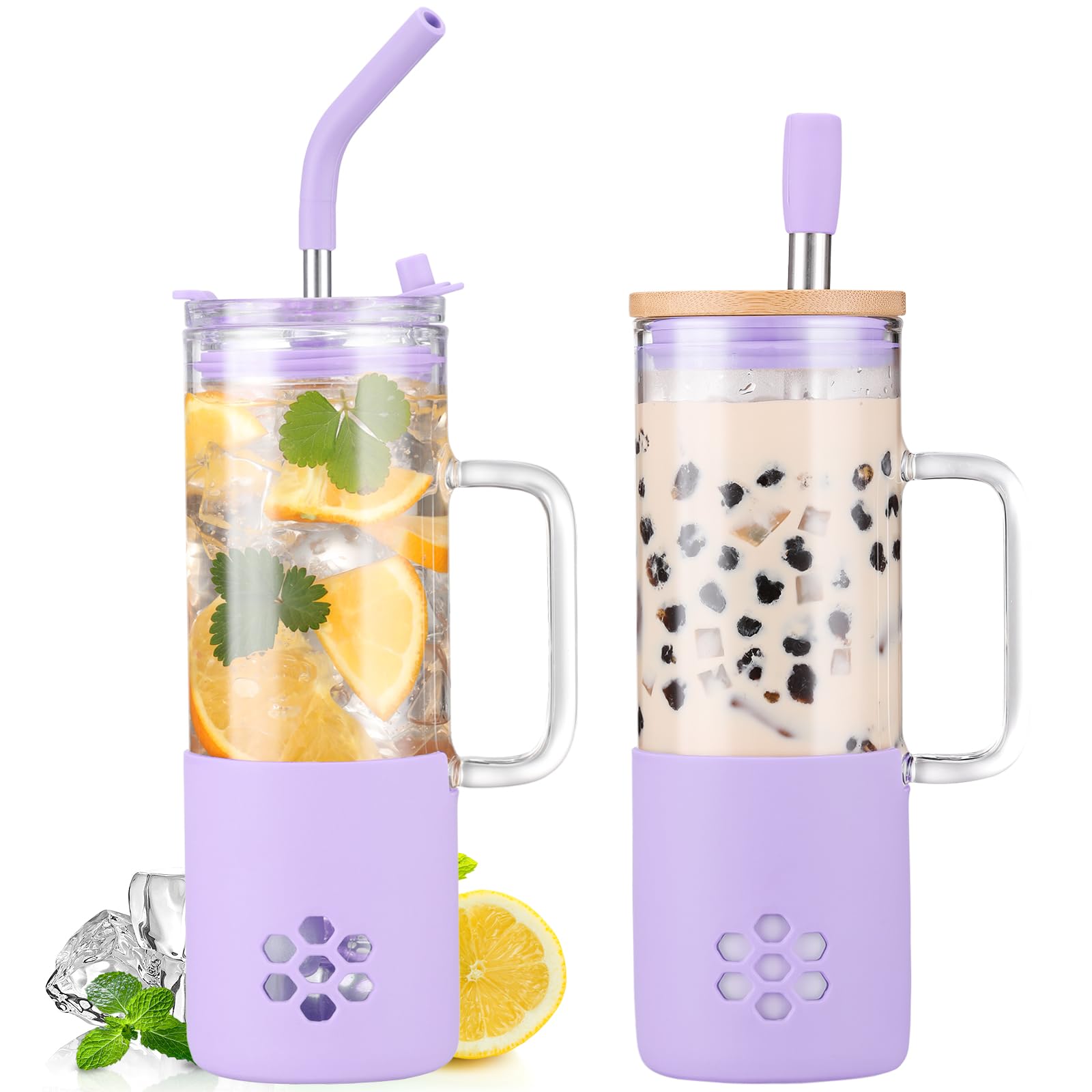 BLUEGO 600ml Glass Cup with 2 Lids and Handle, Cute Glass Tumbler with Straws and Silicone Sleeve, Iced Coffee Cup, 0.6L Smoothie Tumbler, Reusable Bubble Tea Cup, Travel Mug, Purple
