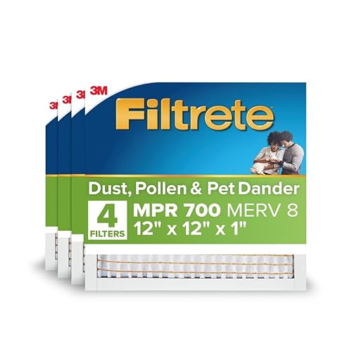 Filtrete 12x12x1 AC Furnace Air Filter, MERV 8, MPR 700, Tough on Pollen, Easy on Airflow, 3-Month Pleated 1-Inch Electrostatic Air Cleaning Filter, 4-Pack (Actual Size 11.813 x 11.813 x 0.81 in)