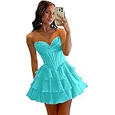 INEWER Lace Appliques Tiered Chiffon Homecoming Dresses 2026 Short for Teens Corset Strapless Cocktail Graduation Dresses