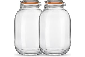 Qianfenie Glass Jars with Airtight Lids, 2 Pack - 1 Gallon Wide Mouth Storage Mason Jars with Hinged with 1 Replacement Silicone Gaskets for Fermenting, Canning, Preserving