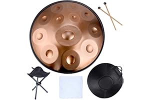 TREELF Handpan Drums Sets D Minor 22 inches Steel Hand Drum with Soft Hand Pan Bag, 2 handpan mallet,Handpan Stand (12 Notes, Glod)