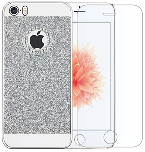 Iphone SE Case, Iphone 5 Case, Iphone 5s Case, A-Focus Bling Sparkle Glitter Crystal Rhinestone Hybrid Hard PC Cover Case + Tempered Glass Screen Protector for Iphone SE / 5 / 5s (Bling Silver)