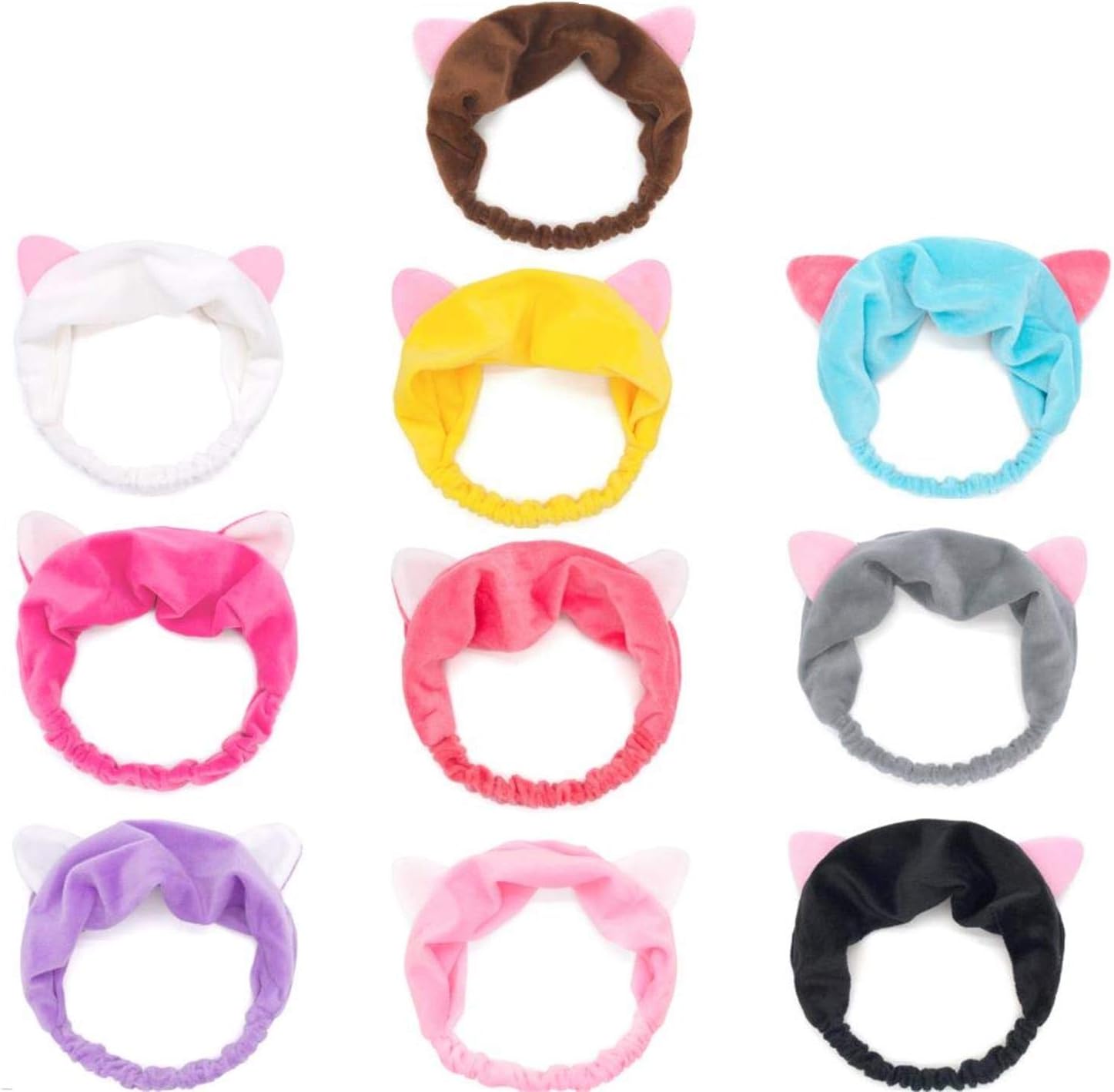 GuoZhiXin 10pcs Elastic Cat Ear Headbands, Headband for Women Wash Face Makeup Running Sport Spa Party, Lake Blue, Rose, Watermelon, Coffee, Grey, Pink, Yellow, Purple, Black, White, Large