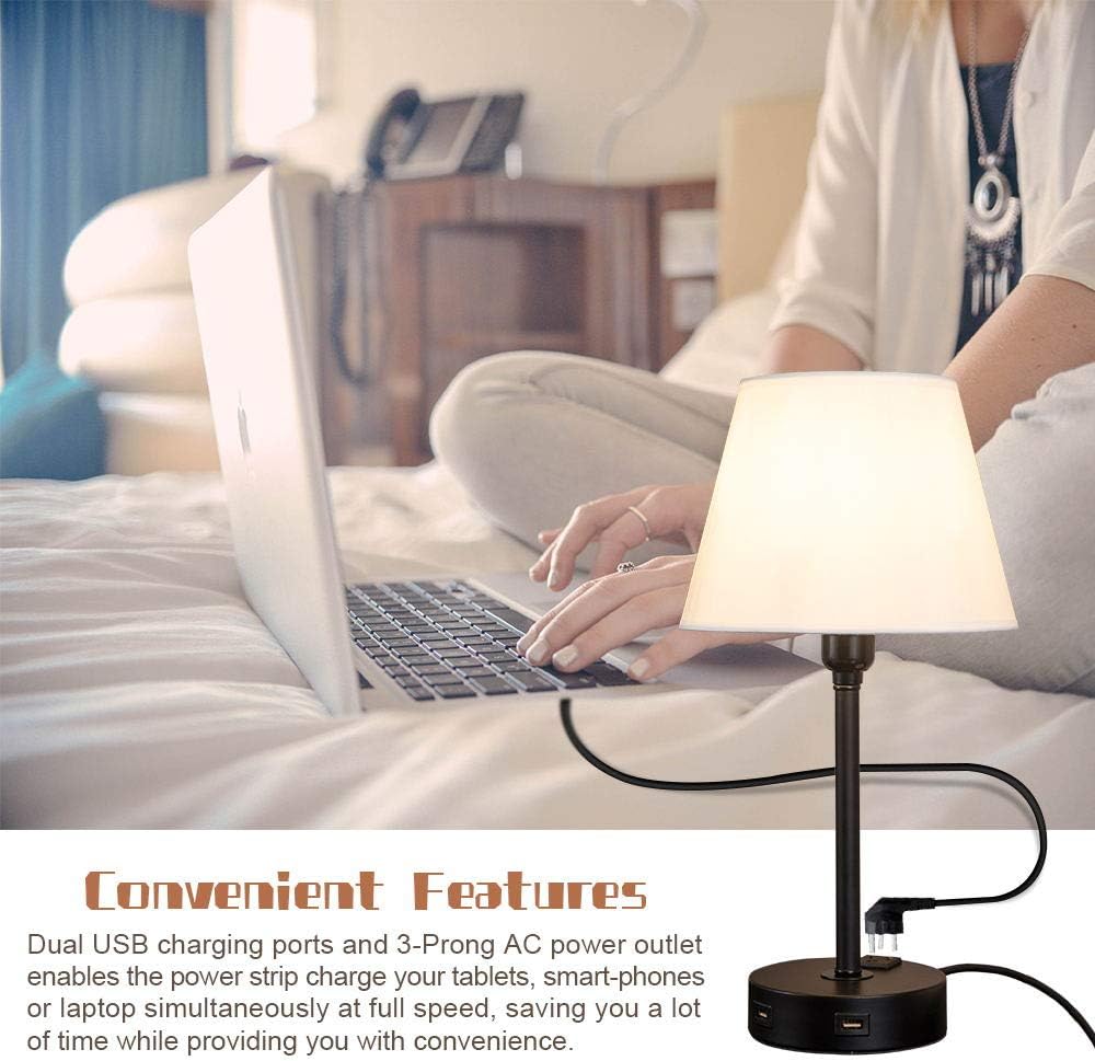 ZEEFO Touch Control Table Lamp Built in Dual USB Ports & AC Outlet, White Fabric Shade 3 Way Dimmable USB Nightstand Lamp, Two Edison LED Bulbs Included Bedside Lamps for Bedroom, Living Room (2 Pack) - - 