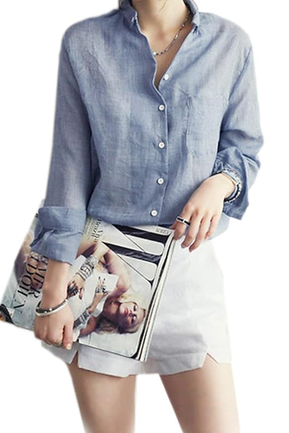 Damen Leinenbluse Langarm Einreihig Hemd Chic Tops Kleidung Elegante Vintage Young Fashion Locker Freizeit Unifarben Frühling