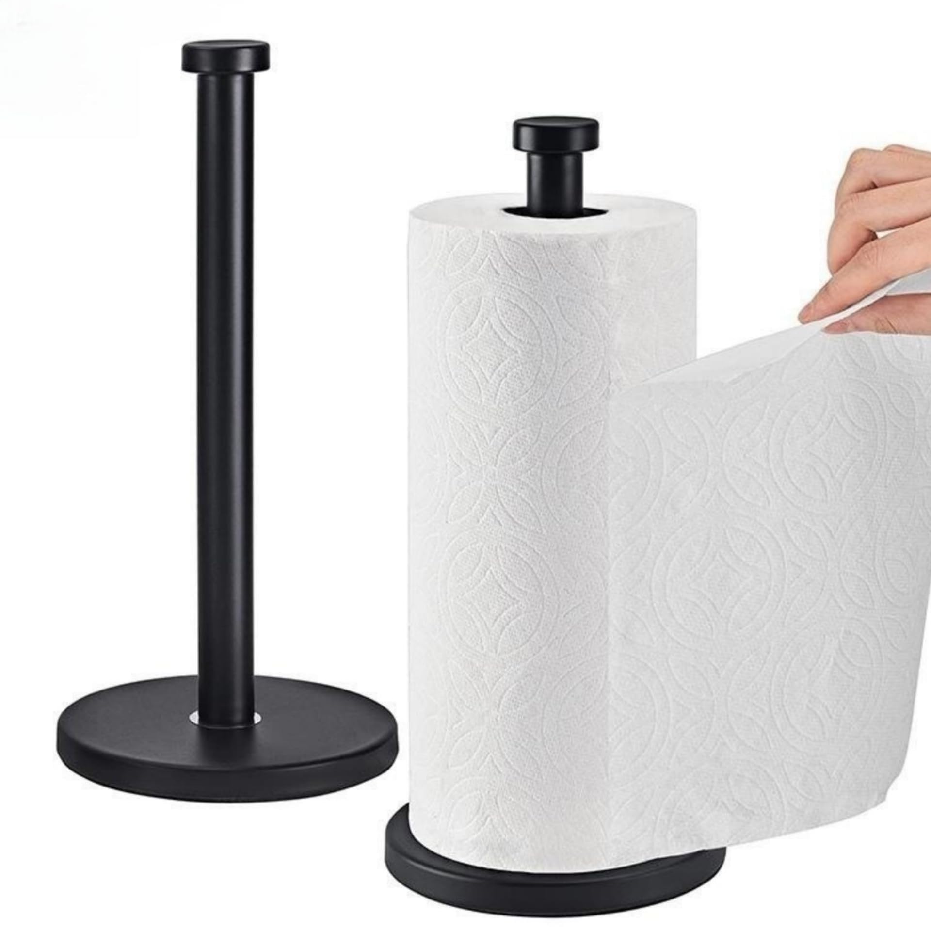 Weighted Paper Towel Holder Countertop Stainless Steel Napkin Holder for Large Roll Free Standing Paper Towel Roll Holder with Heavy Base Standing Vertical Paper Holder for Kitchen Rv (Matte Black)