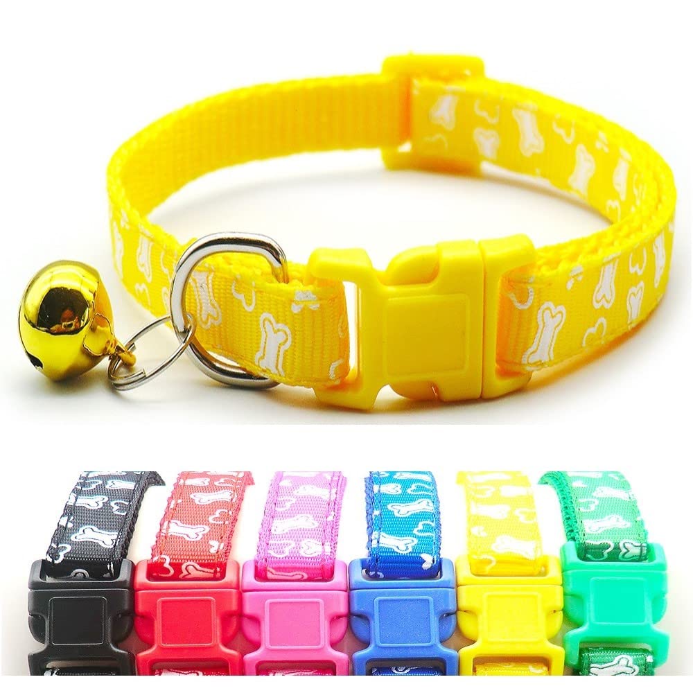 Small Dog Puppy Pet Collar White Bone Design with Bell Nylon Adjustable Size 19-32cm Yellow