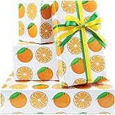 Fruit Wrapping Paper - Orange Print on White Gift Wrapping Paper and Ribbon Set, Cute Citrus Junos Design For Women Men Baby Shower Holiday Birthday Gift Wrap - (4-Sheets, 1-Designs: 15 sq. ft. ttl)