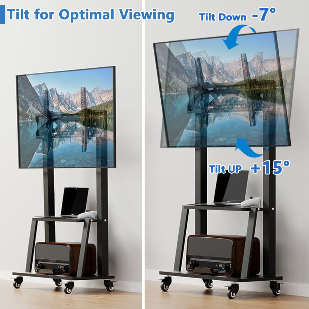 Duiliuu Mobile TV Stand with Wheels, Rolling TV Stand on Wheels for 32-75 inch Television, Mobile TV Cart Height Adjustable,15° Adjustable Viewing Angle,Max 130LBS, Vesa max 600×400