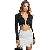SOLY HUX Women's Long Sleeve Crop Tops Cut Out Deep V Neck Tight T Shirts Night Out Outfit