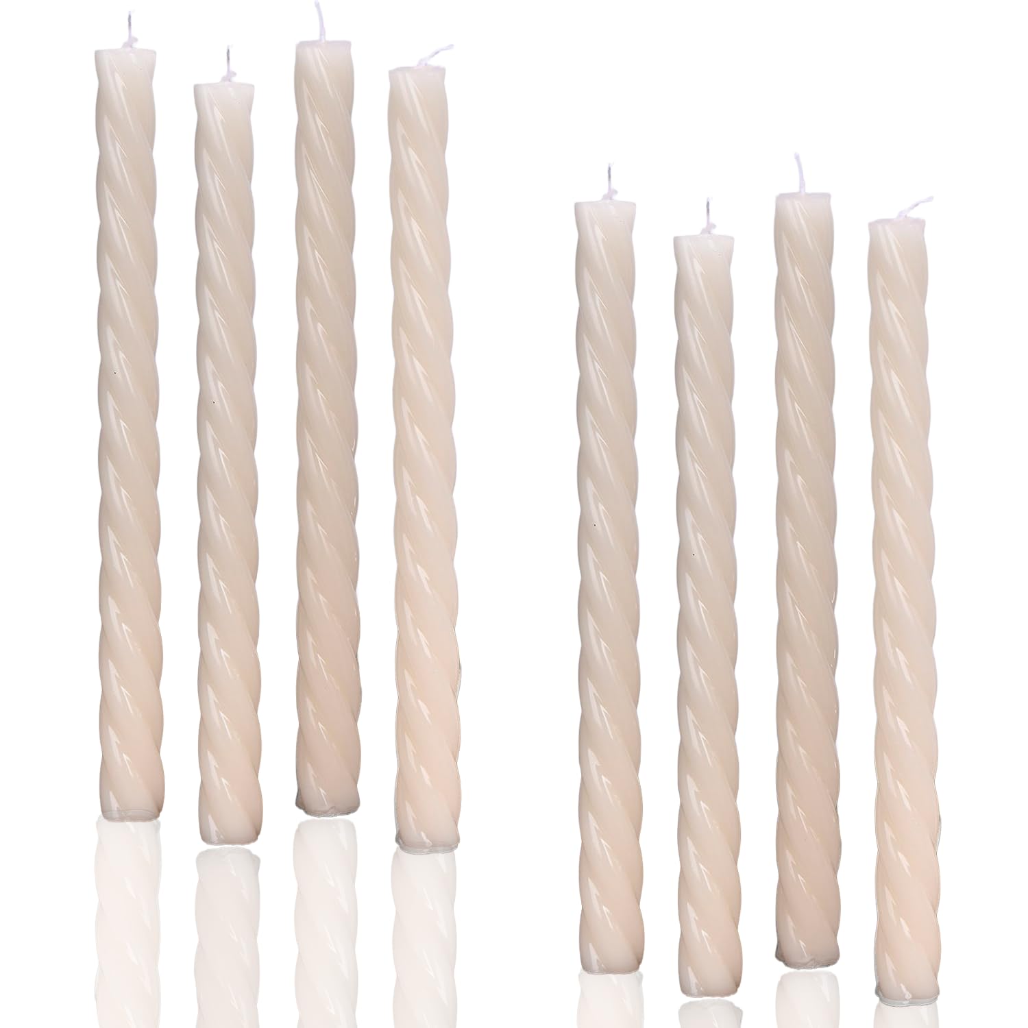 Photo 1 of 10 Inch Spiral Ivory Taper Candles, 8 Pack Unscented Dripless Long Burning Time Gloosy Fall Candlesticks for Dinner Party, Wedding Shower and Home Decoration (Ivory)