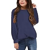 Yekaty Girls Shirts Casual Solid Color Crewneck Blouses Soft Long Sleeve Swiss Dots Chiffon Tops