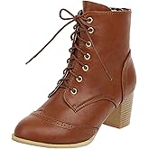 Uniquelly Womens Wingtip Booties Chunky Heel Ankle Boots Lace Up Round Toe Vintage Comfortable Winter Shoes