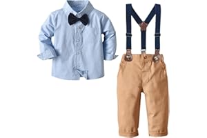 SANGTREE Baby Boys Clothes, Dress Shirt with Bowtie + Suspender Pants, 3 Months - 14 Years