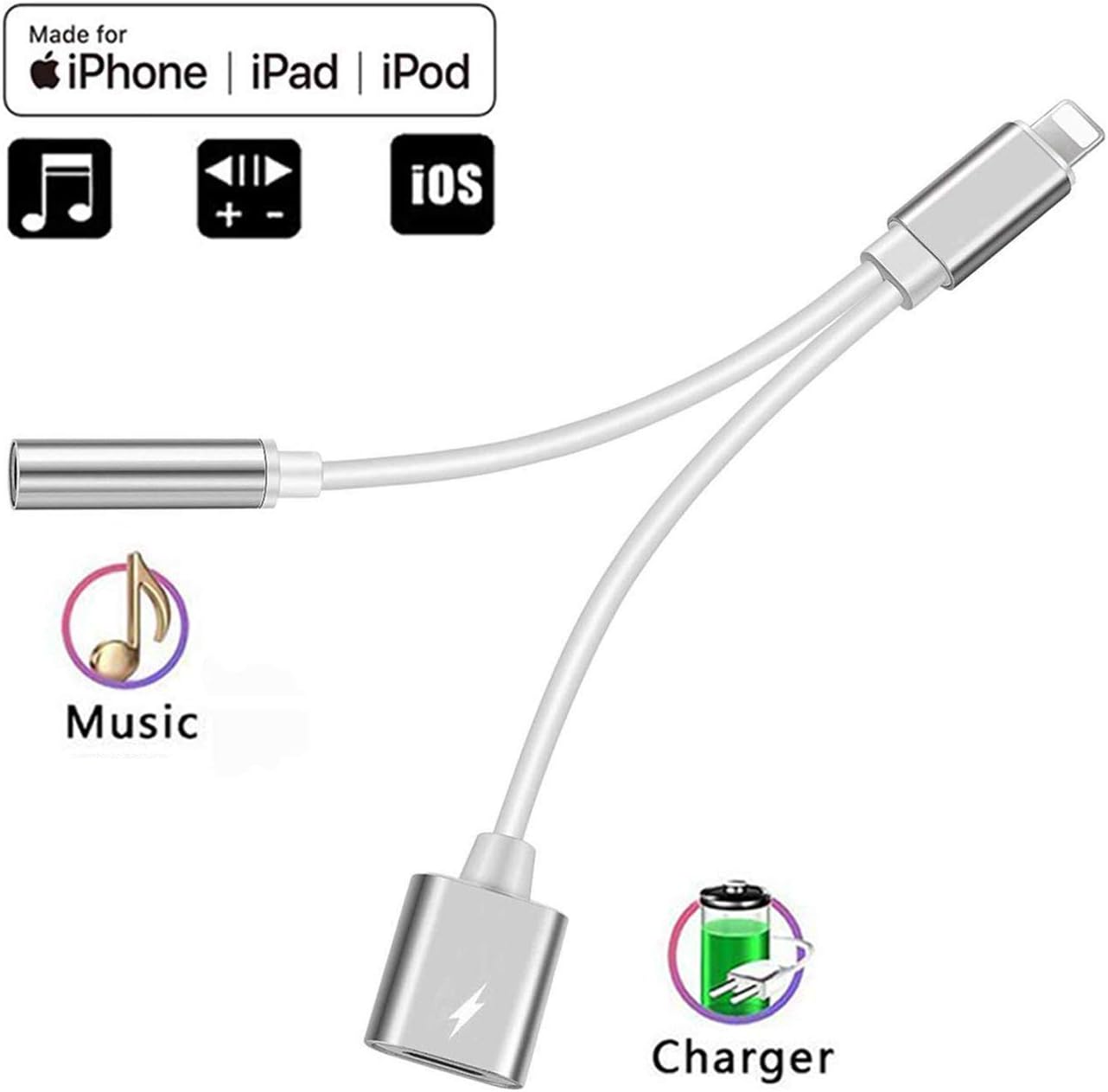 Apple MFi Certified Dual Lightning-Port Splitter Charger & Headphone Adapter for iPhone Aux Audio Dongle Compatible with iPhone 12/11/SE/XS/XR/X/8/7