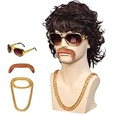 WildCos Short Brown Wavy Shaggy Wig 70s Wigs for Men Disco Wig for Halloween Party wig with Glasses Gold Necklace Mustache for Men