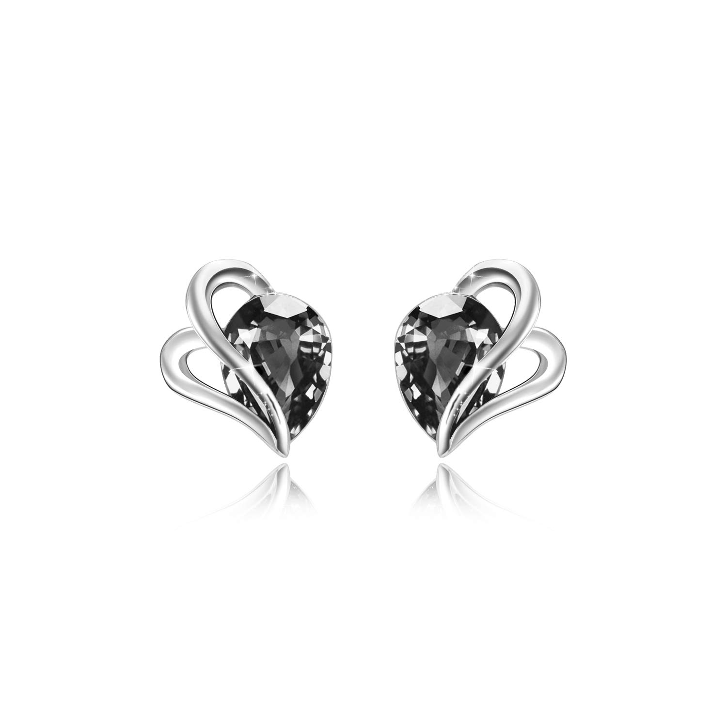 AOBOCO 925 Sterling Silver Studs Earring, Black Heart Crystals Jewellery Hypoallergenic Earring, Best Gifts for Her (Black)