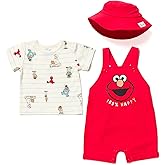 Sesame Street French Terry Short Overalls, T-Shirt & Bucket Sun Hat 3 Piece Outfit Newborn to Toddler Sizes (Newborn - 4T)