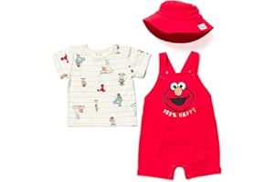 Sesame Street French Terry Short Overalls, T-Shirt & Bucket Sun Hat 3 Piece Outfit Newborn to Toddler Sizes (Newborn - 4T)