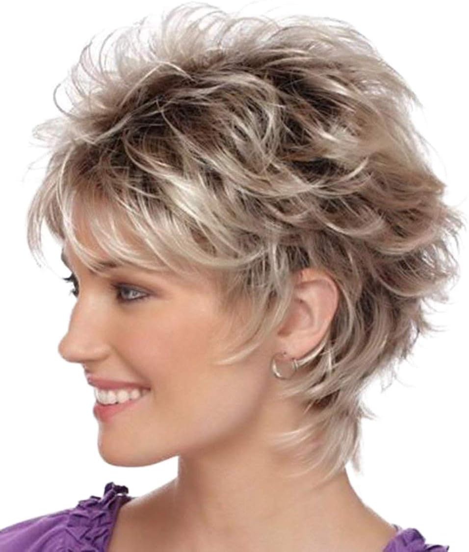 Menoqi Short Wigs for White Women Fluffy Curly Hair Brown Ombre Gray Heat Resistant Synthetic Wig Natural Looking with Wig Cap WIG171