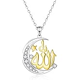 Tufeney Allah Islamic Necklace for Women - 925 Sterling Silver Islamic Muslim Religious Faith Pendant Necklace Arabic Moon Jewelry Eid Ramadan Gifts