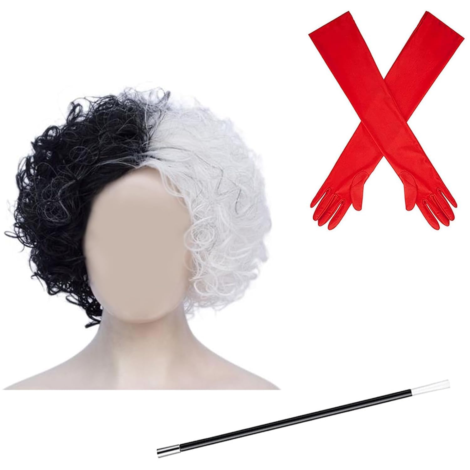 3Pcs Women's Black and White Cosplay Party Dress Hair Curly Wigs, with Red Long Gloves, and Brackets Set Set