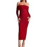 GLNEGE Off The Shoulder Fall Wedding Guest Dress Long Sleeve Bodycon Formal Cocktail Sweater Dresses for Women