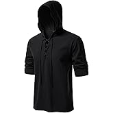 JEMITOP Men's Pure Cotton Retro Style Lace Up Hooded Shirts for Renaissance Pirate Viking Medieval Costume