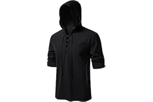 JEMITOP Men's Pure Cotton Retro Style Lace Up Hooded Shirts for Renaissance Pirate Viking Medieval Costume