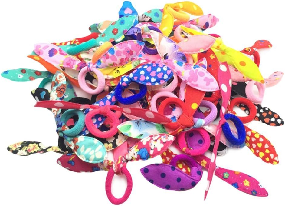 Monbedos 100 Pcs Rabbit Ears Hair Rope Children's Hair Rope Hair Rope Ponytail Kids Holder Rubber Band Hair Rope(Random Color)