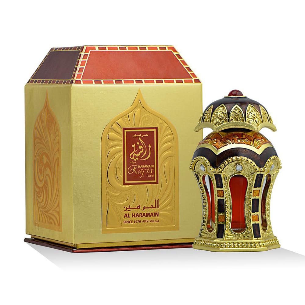 Al Haramain Rafia Gold 20ml Attar Oil | Concentrated Arabian Perfume for Women & Men | Long-Lasting Floral Woody Musk & Amber Fragrance | Premium Arabic Attar for Everyday Use