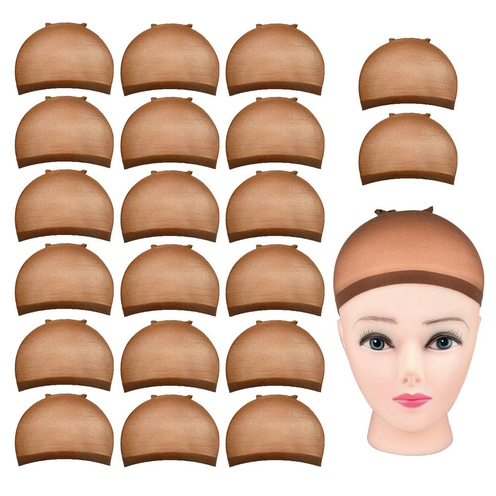 Wig Cap, MORGLES 20pcs Stretchy Stocking Caps Nylon to Hold Wig in Place for Women Men, Brown