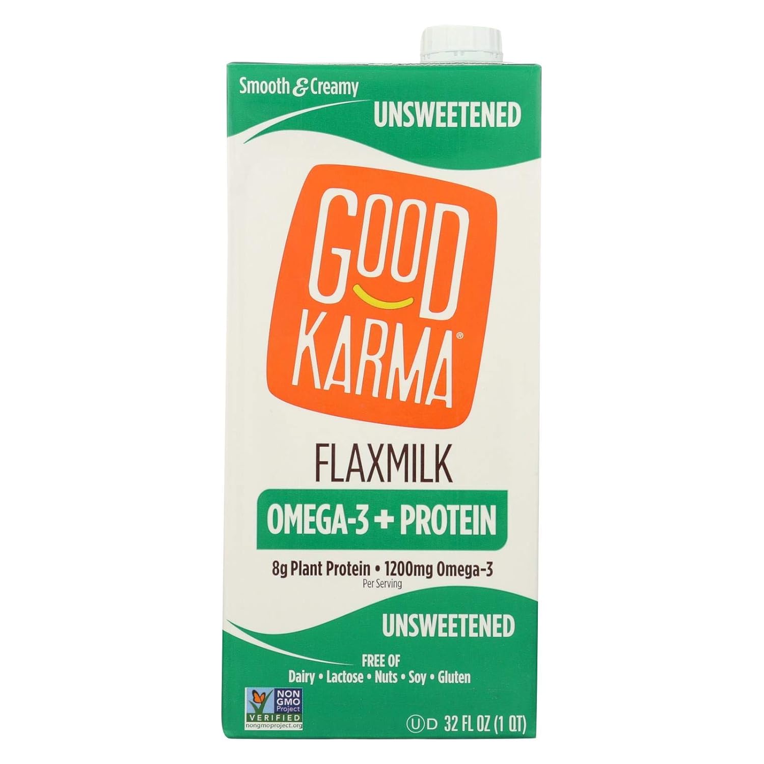 Good Karma Non Dairy Unsweetened Flaxmilk (32 oz Carton) Vegan Protein Packed & Lactose Free Plant Based Milk Alternative